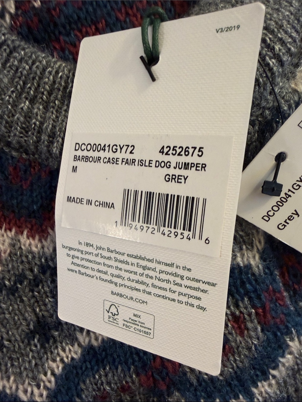 Barbour Gray Fair Isle dog Sweater with Blue and Red Accents - Picture 4 of 10